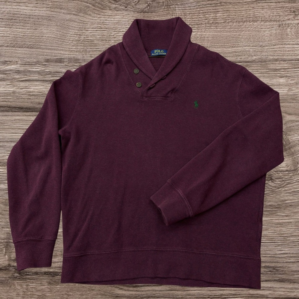Polo Ralph Lauren Mens Burgundy Shawl Collar Button Pullover Sweatshirt Large